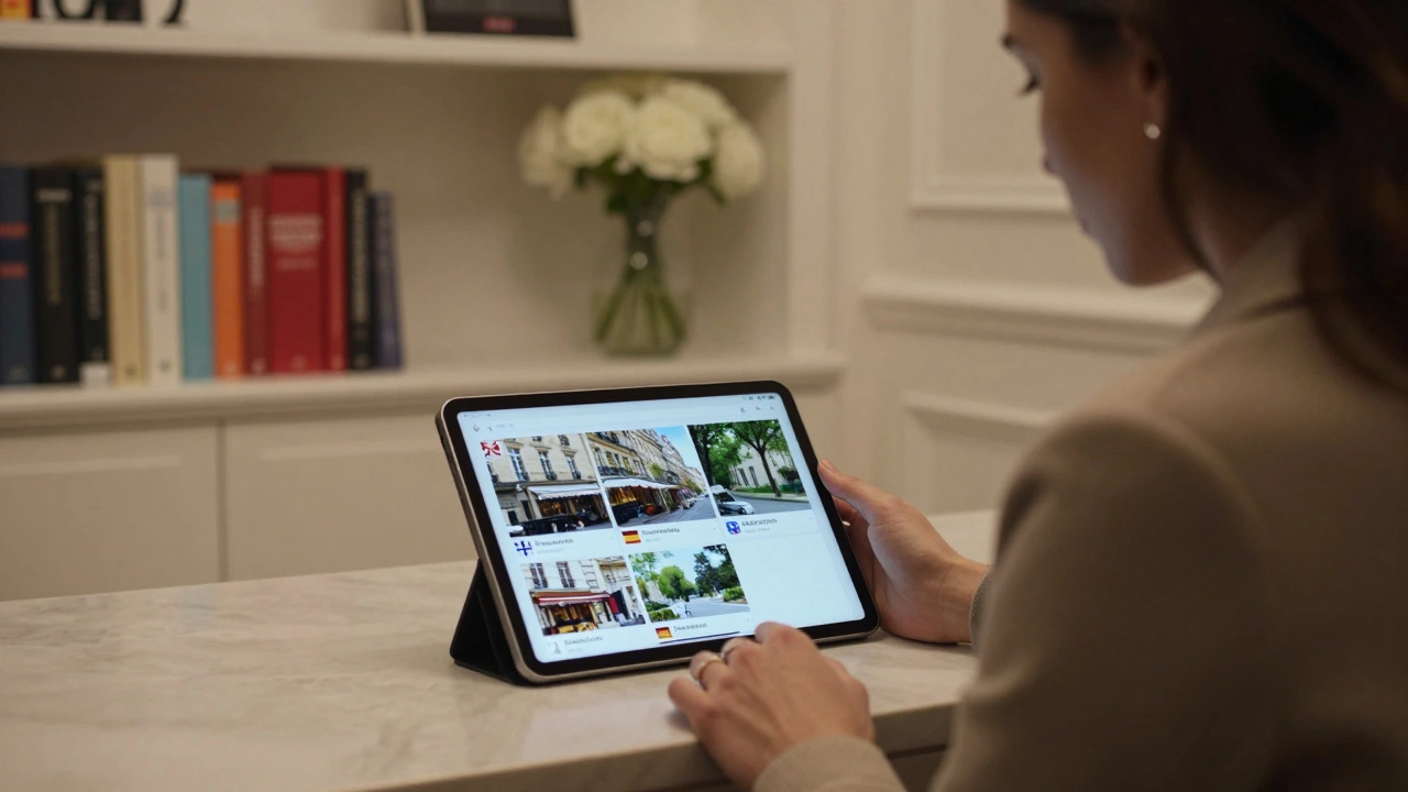 A woman in a professional setting reviews escort profiles on a tablet, with cultural and linguistic details visible.