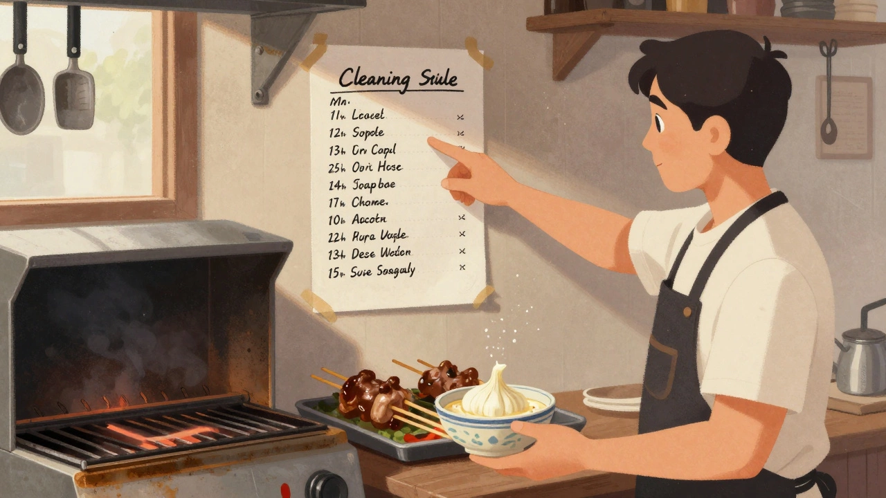 Kebab shop owner showing a cleaning schedule next to a spotless grill.