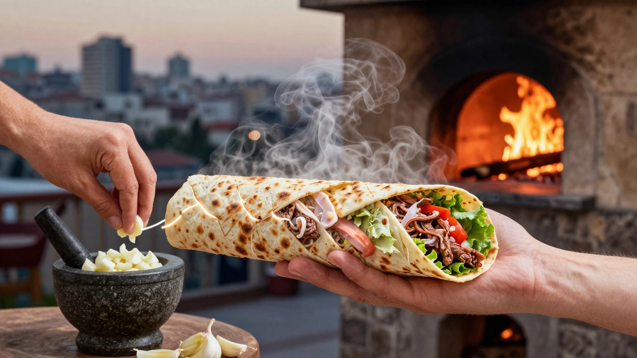 Steaming kebab wrap with transparent layers showing its fresh ingredients.