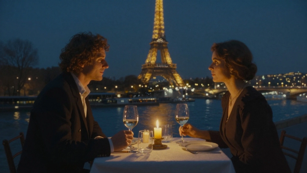 Two people share a quiet dinner by the Seine at night, the Eiffel Tower glowing softly in the background.